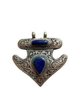 Vintage Afghan Turkmen Lapis Lazuli Silver Necklace Pendant Brooch